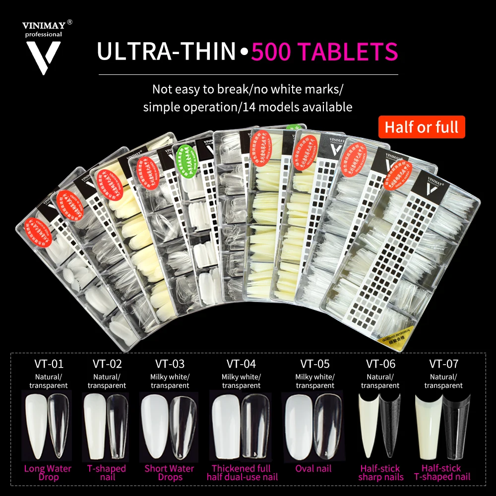 Private Label 500pcs Gel X Nail Tips Full Cover Tapered No White Line Almond Square Ballerina Nail Tips Box Packaging