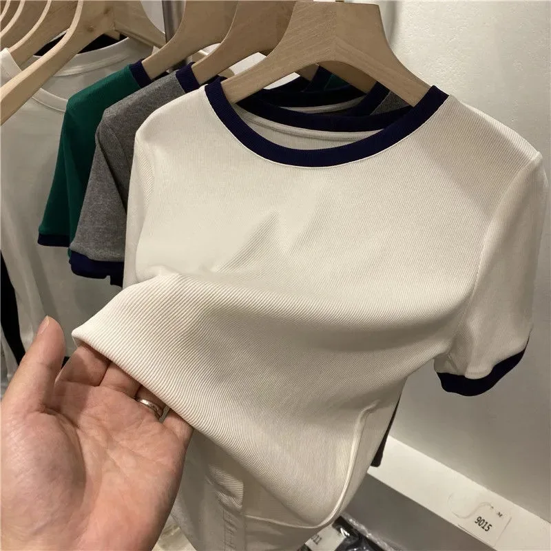 Custom Women Ringer T Shirt O-Neck 180 Grams Short Sleeve Tagless Blank t shirt 100%Cotton/Polyester black ringer tshirt