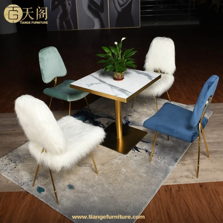 Luxury Living room Chairs X back white mongolian fur gold dining chair