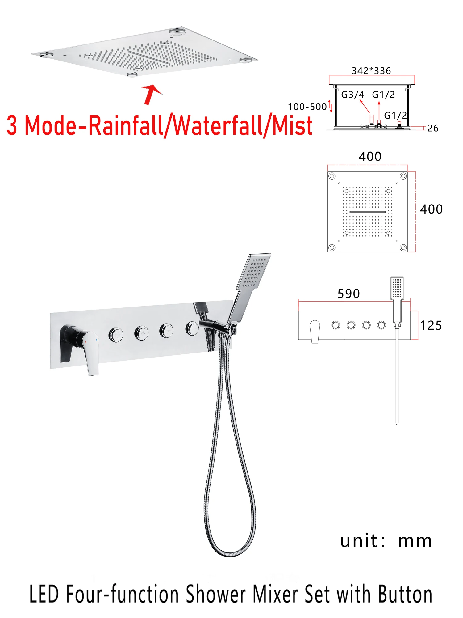 LED Bathroom Rainfall Shower System SPA Waterfall Mist Multifunction Brass Diverter Valve Shower Set