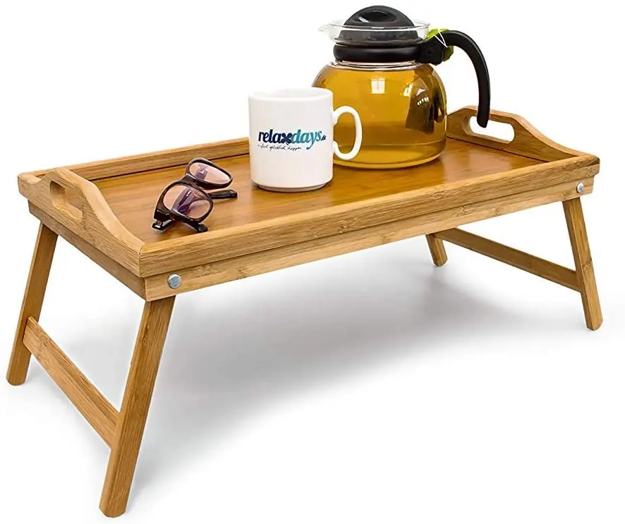 Bamboo Wooden Breakfast in Bed Tray, 21.5 x 47 x 27 cm, Serving Tray With Folding Legs And Handles