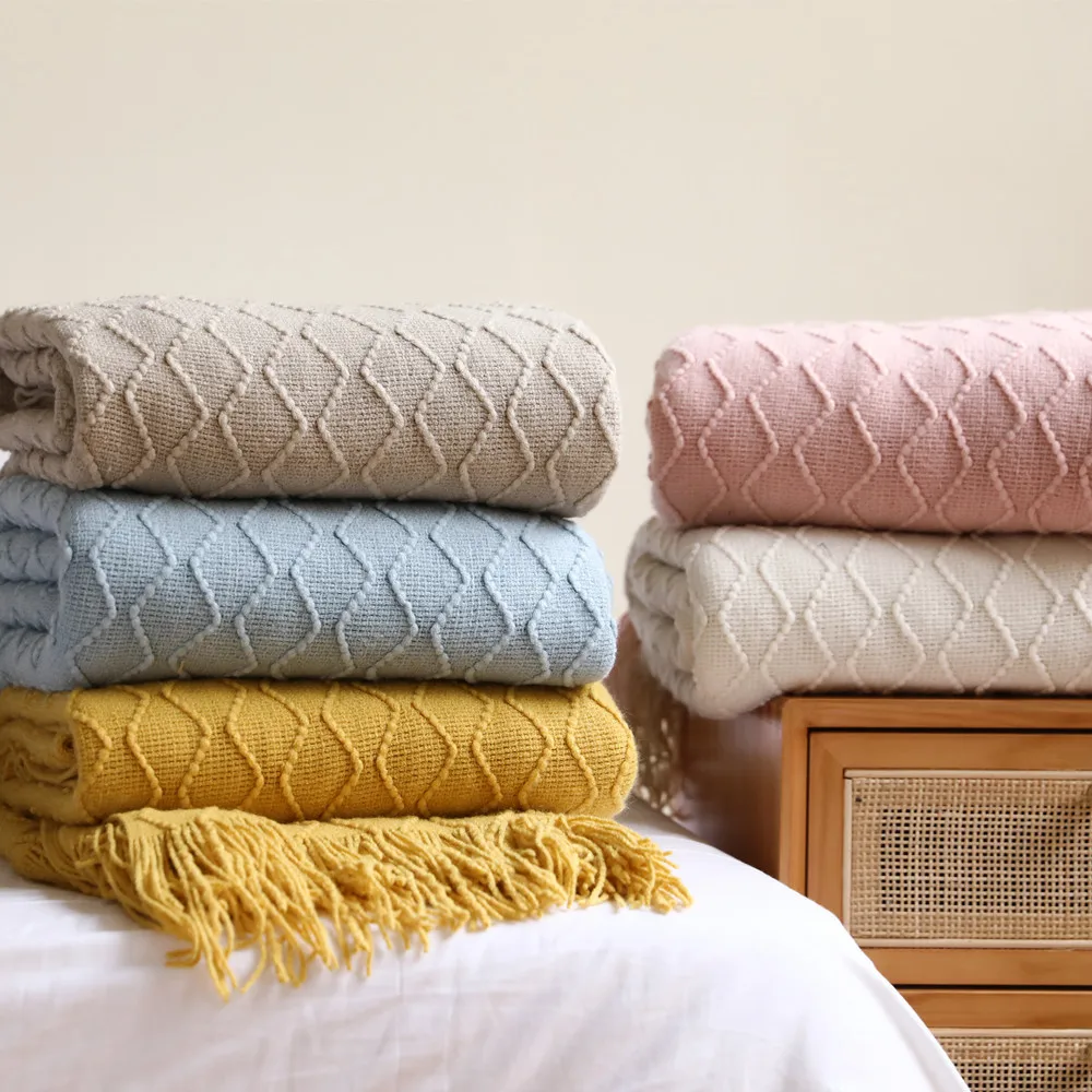Tassel Throw Blanket Fringe Tassels Cable Knit Yellow Blanket Acrylic Textured Solid Home Chair Sofa Couch Bed Decor Blankets