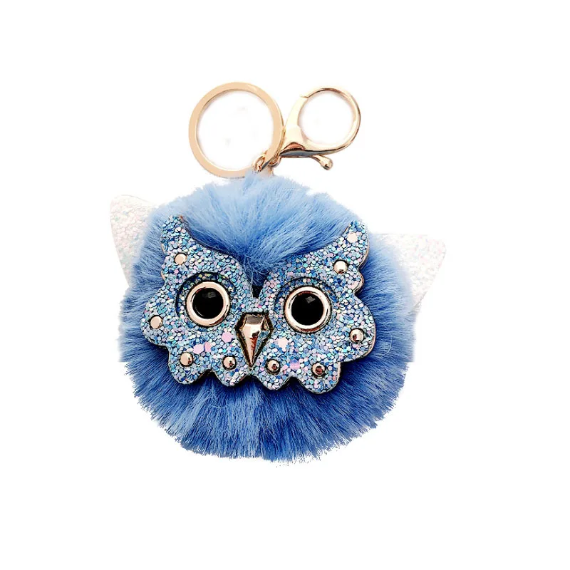 New fashion Cute Sequin Ears Owl Keychain Fluffy Artificial Rabbit Hairy Pom-pom Keychain Owl Pendant Key Ring