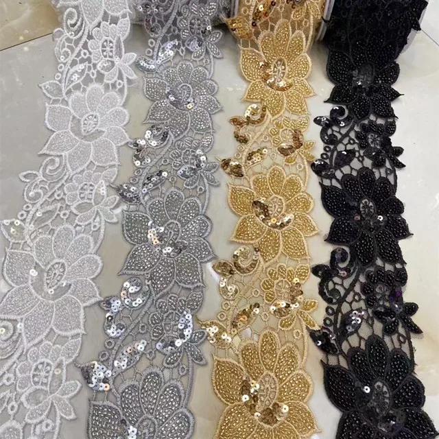leaf shape flower machine made embroider organza pearl rhinestone seed bead lace trimming tape for dress
