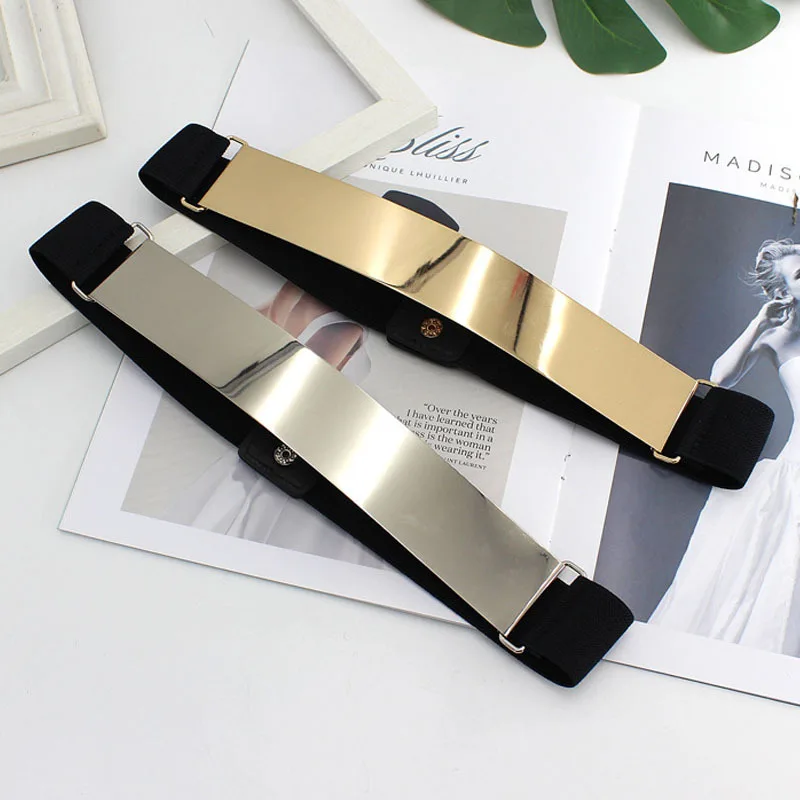 Sexy Women Elastic Mirror Metal Waist Belt Metallic Bling Gold Plate Wide Band For Women Female Dress Accessories Decoration