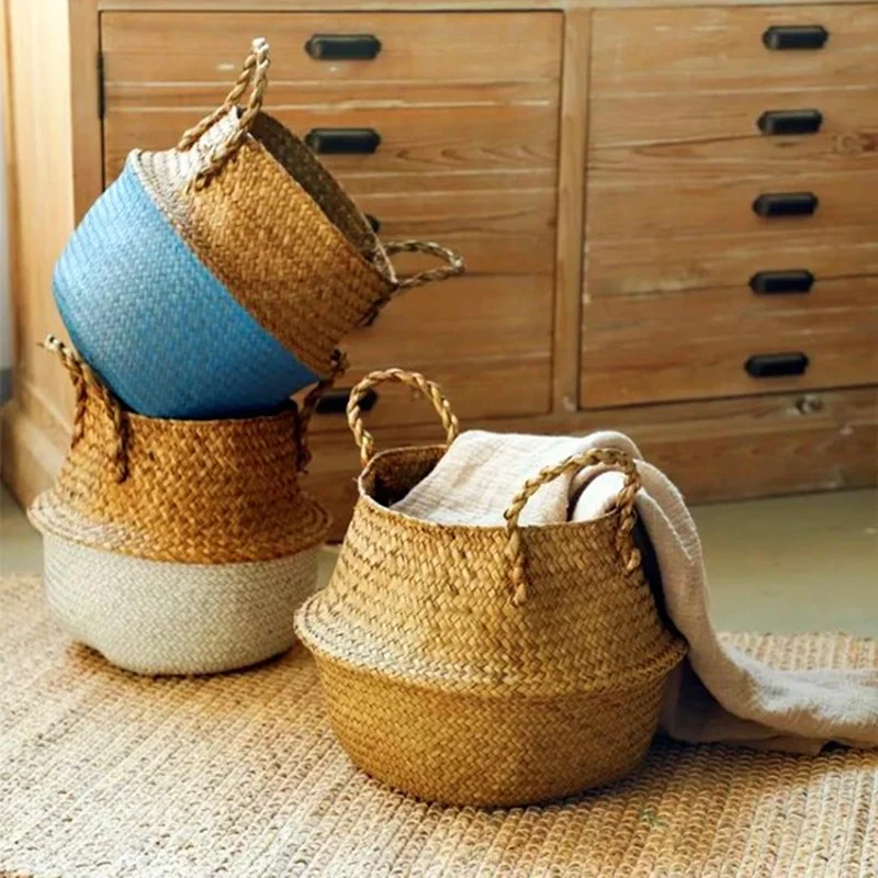 Hand laundry Seagrass Belly Storage Basket Seagrass Weaving Foldable Home Storage Bucket Toy Sundries Clothes Plants Basket