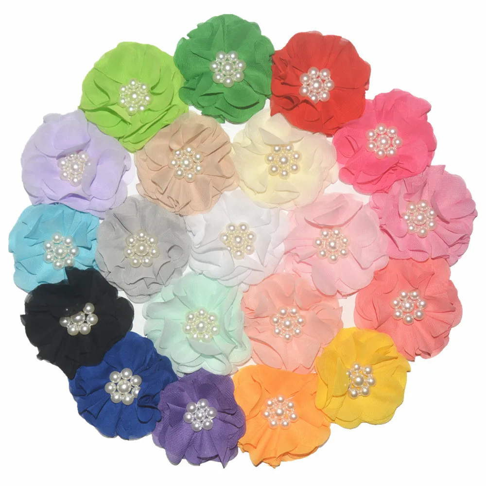 3' (7.5cm) Multi-layer Pearl Beaded Chiffon flower Without Hair Clip Girl Lovely Hair Accessories 30 Colors