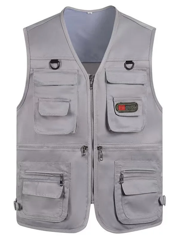 Multi Pockets Cargoes Fisherman Vest Cartoon Logo Waistcoat for Fishing Hiking Journalist Photography Camping Safari Vest Men
