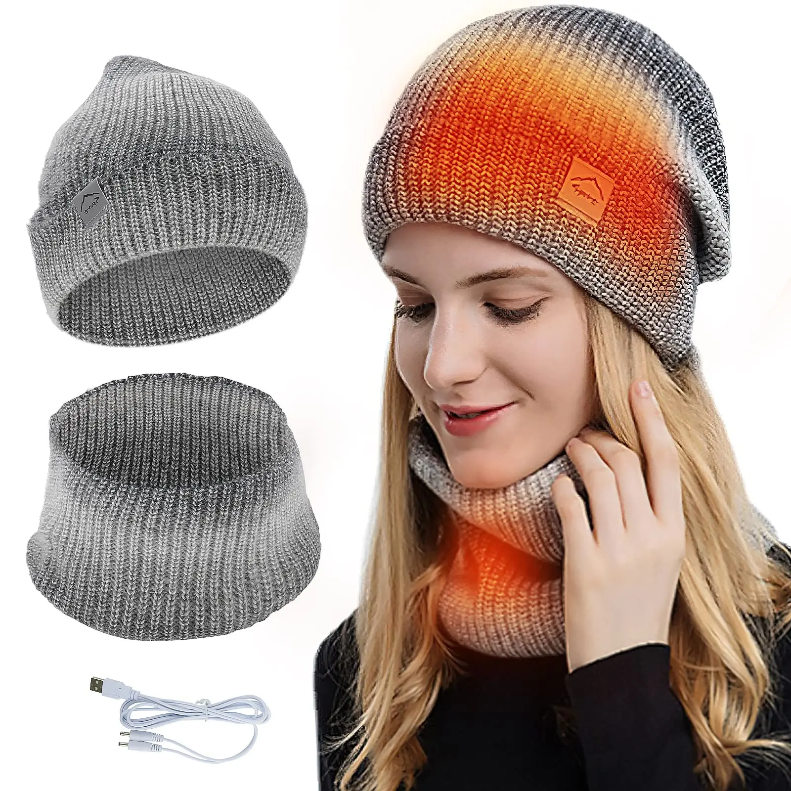 Soft Lined Knitted Winter Warm Ski Beanies USB Heated Hat and Scarf Set Neck Warmer for Men Women