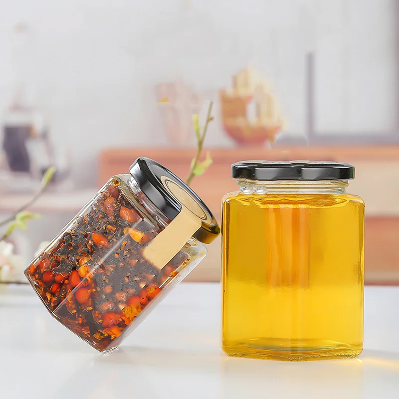 Factory Made Empty Hexagon Honey Jar Glass Food Storage Packaging 180ml 280ml Glass Bee Honey Jars