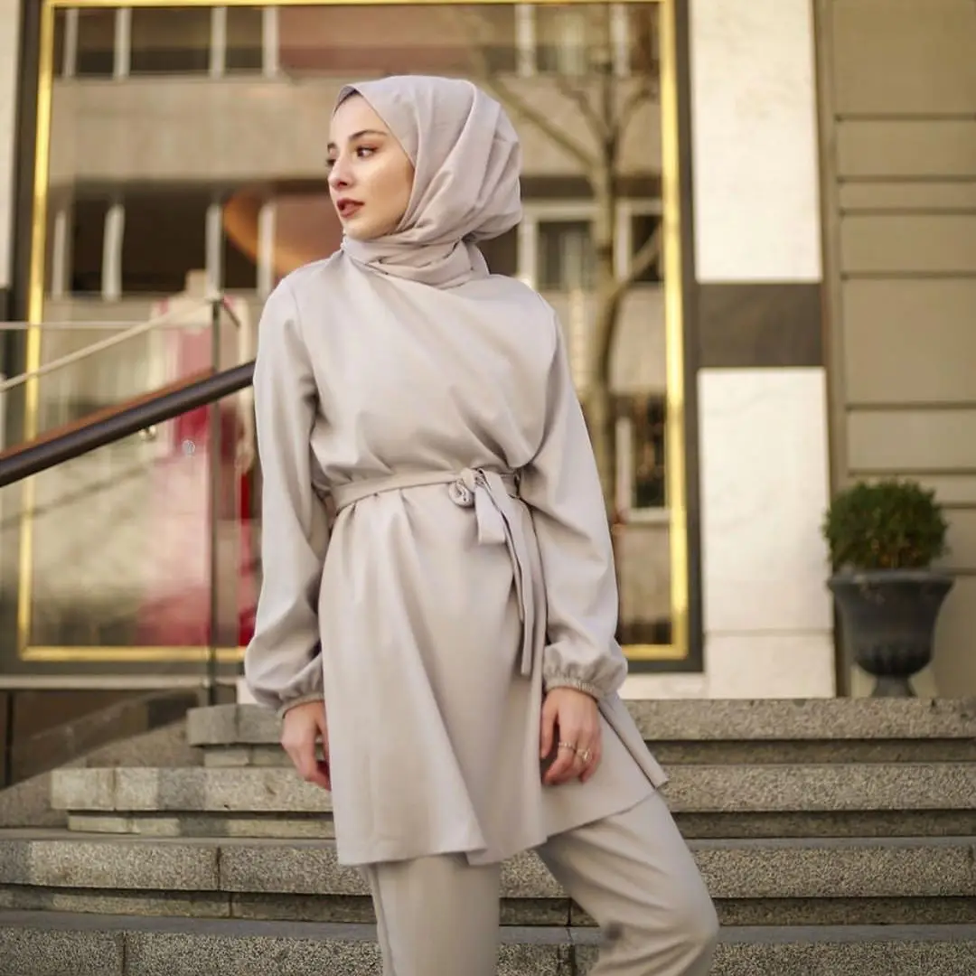 Best selling Arab long sleeve solid color  fashion muslim  two-piece suit women clothing