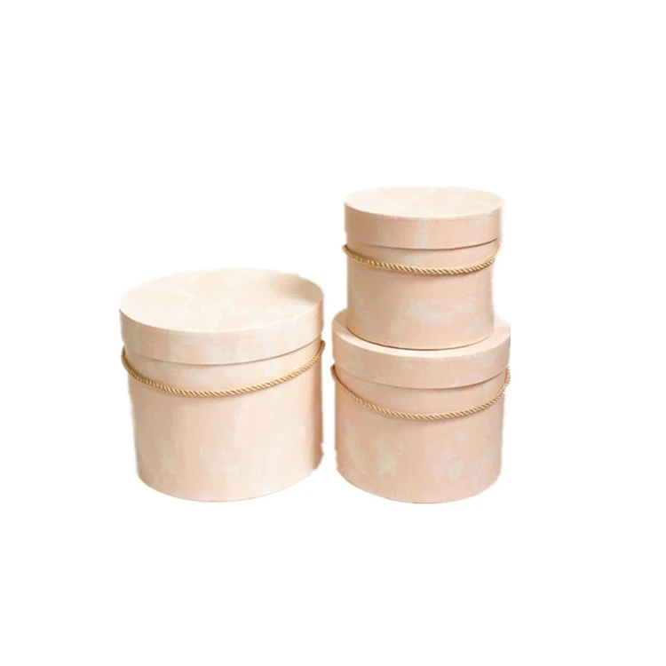 
Custom natural cement texture fashion gift box fashion simple round hat box with handle flower 