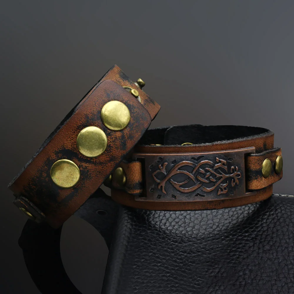 Retro Punk Genuine Leather Wide Belt Bangle Bracelet Rock Wristband Cuff Vintage Totem Metal Viking Leather Bracelet