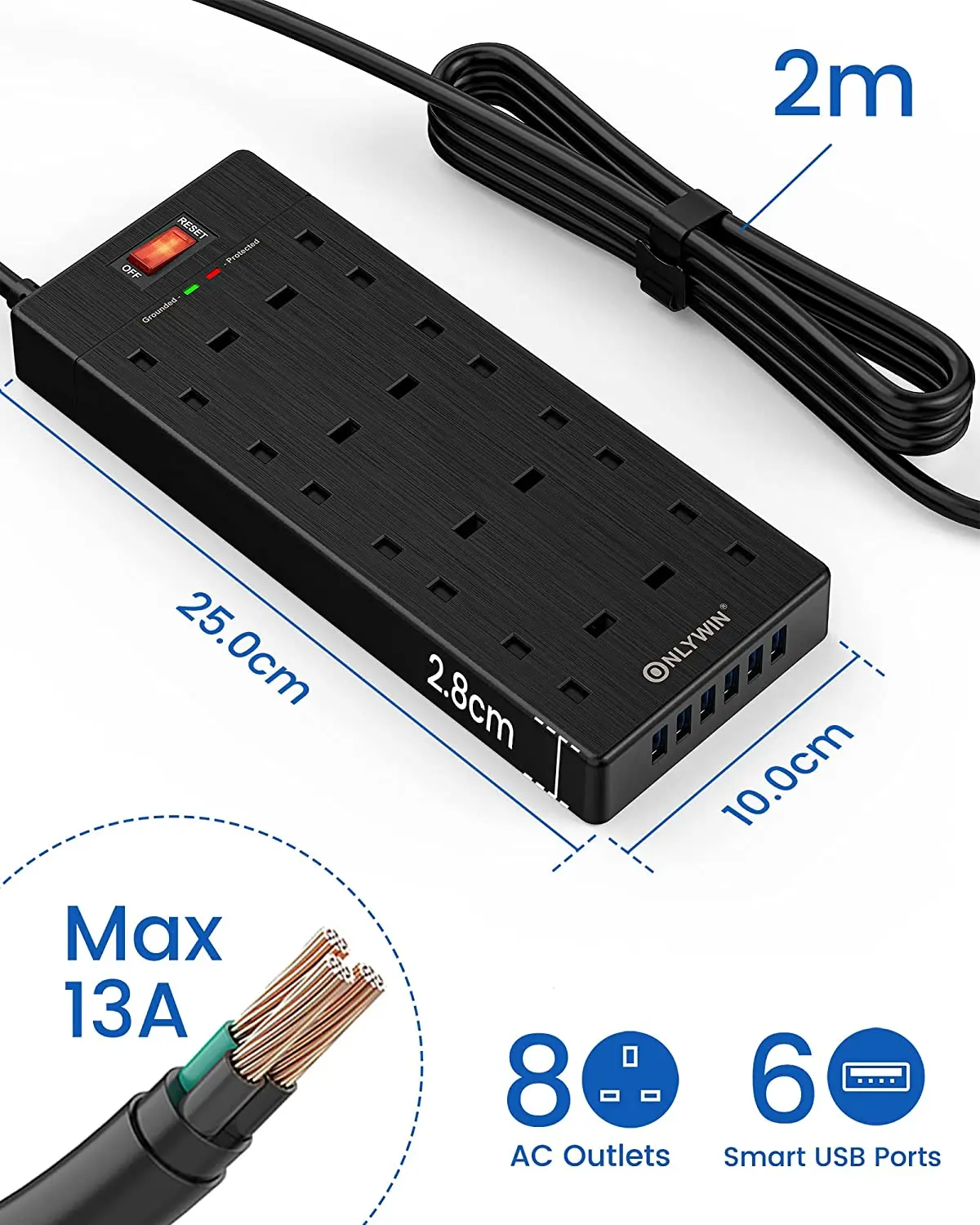 Universal UK Standard Surge Protector Wall Mount New Power Strip With USB Charging Ports 8 Way Outlet Extension Plug Socket