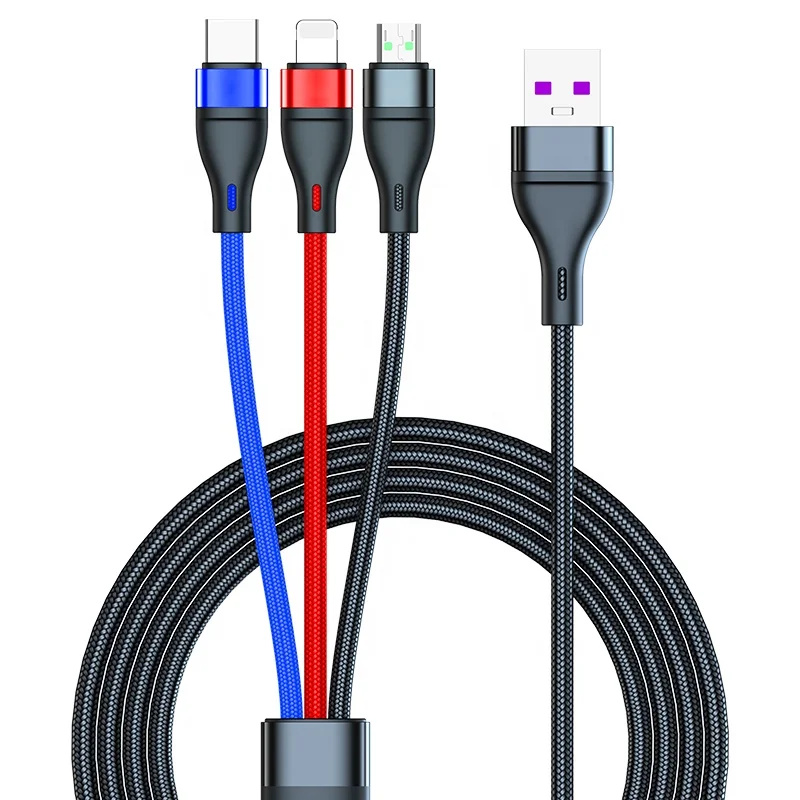 Company Gift 3 in 1 Nylon Braided USB Charger Cable 5A type C Fast Charging Cable Free Logo Engrave Cell Phone USB Charger