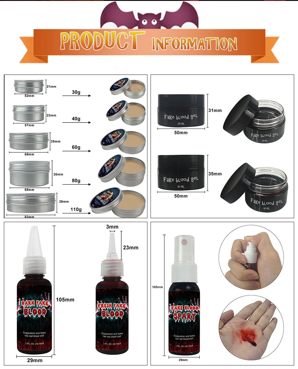 KHY Custom Wholesale Special Effect Latex Scar Wax Fake Blood Prosthetics Prosthetic Halloween Sfx Makeup Kit