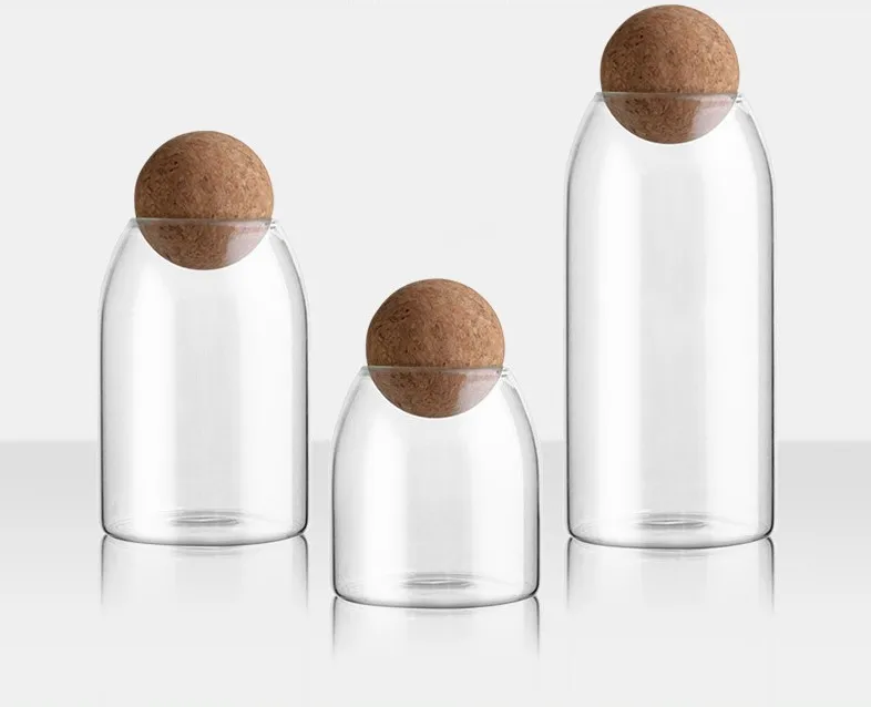 500 800 1200ml Cork Ball Lid Stopper Storage Jar  Borosilicate Glass jar Transparent