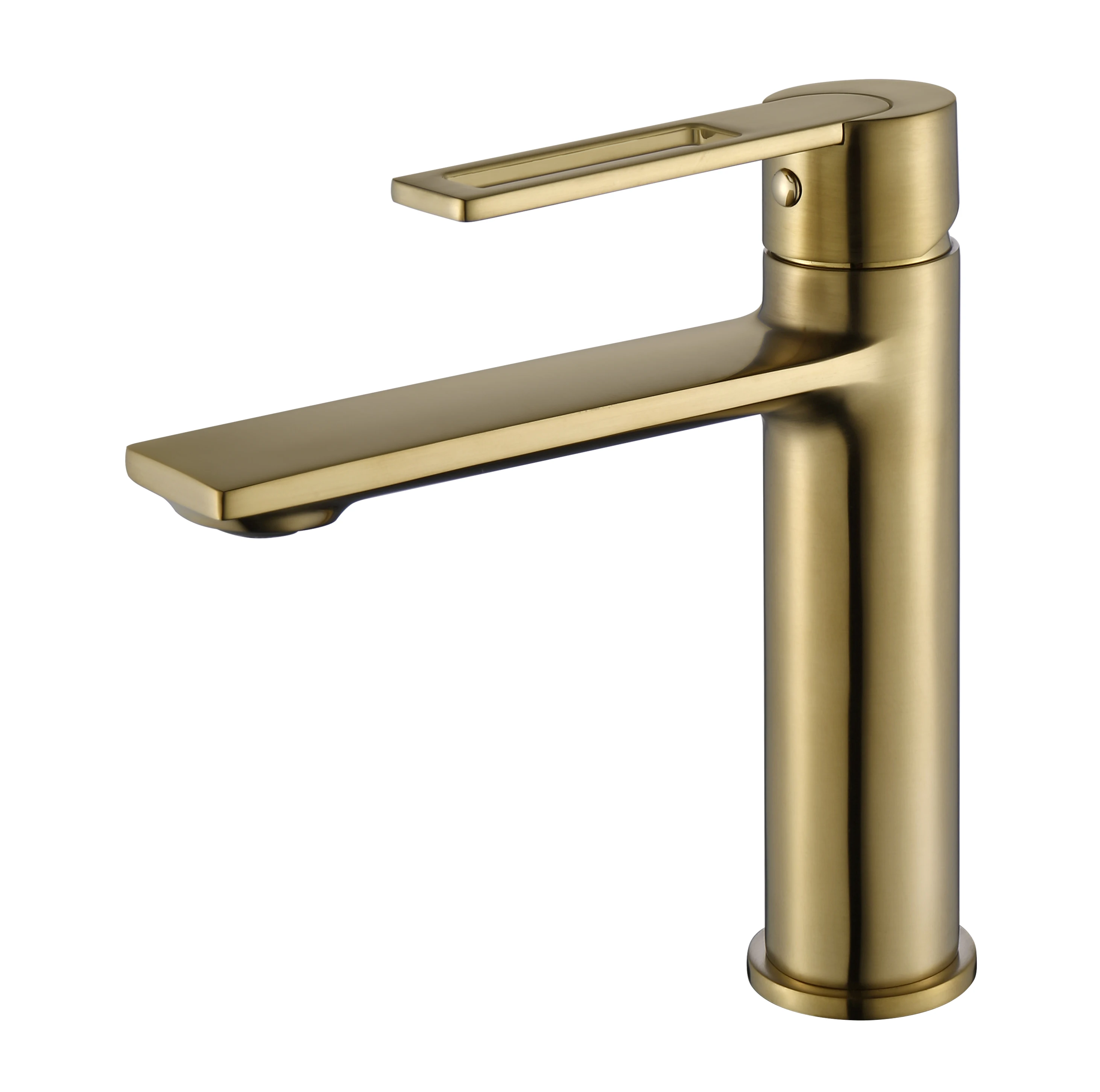 PVD Brushed Gold Finish Deck Mount Single Lever Handle Thin Spout Basin Mixer Tap Hand Wash Lavatory Hot and Cold Water Faucet