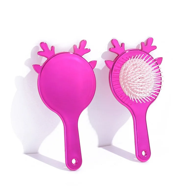 Hot Selling Plastic TPR Deer Antler Compact Mini Electroplated Antler Hairbrush Cartoon UV Painting Hair Styling Brush