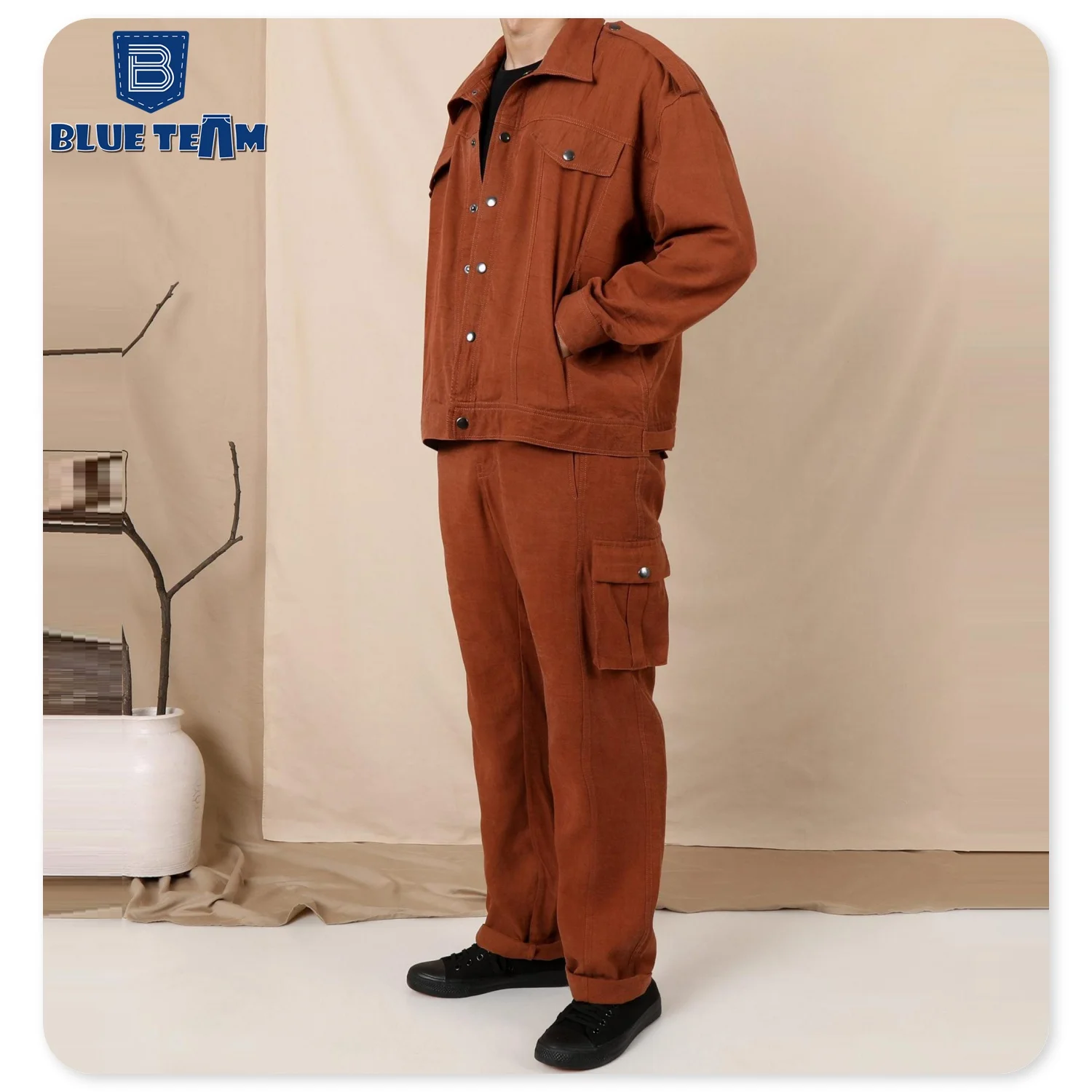 Blue Team | Custom mens denim set twill fabric solid color cargo jacket and cargo pants denim with pockets jeans suits for men