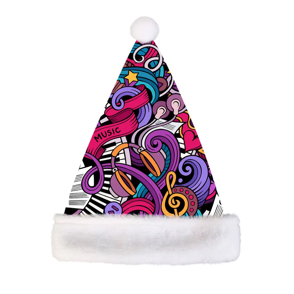 Music Note Print Low Moq Wholesale Custom Logo Children Santa Christmas Hats for Adults Baby Kids