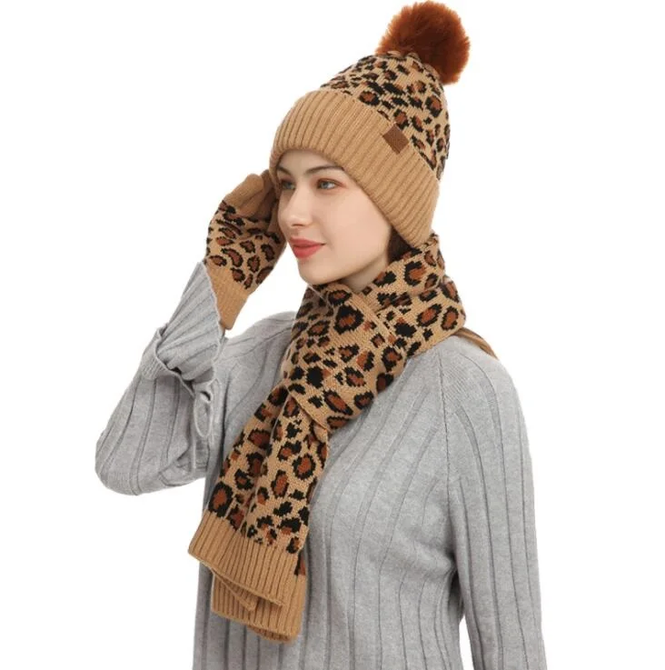 Customized Leopard 3 Piece Women Crochet Pompom Beanie  Scarf  Touch Screen Mittens Winter Knitted Scarf Gloves Beanies Sets