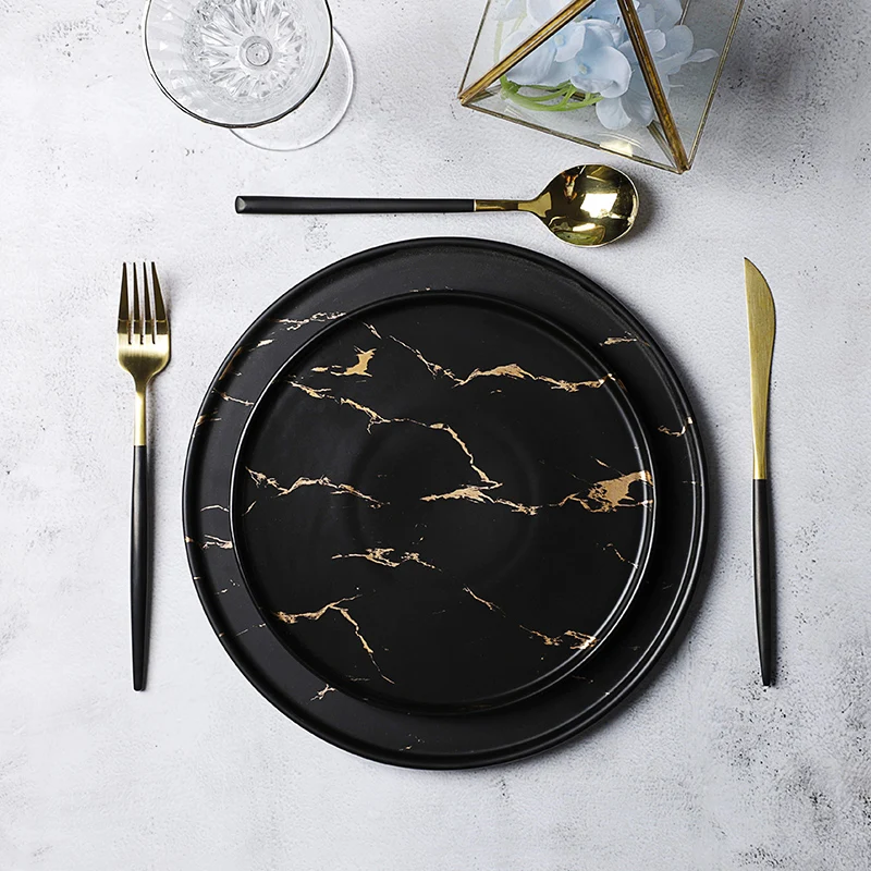 
Made In China Cafe Black Gold Marble Dinner Plate Ceramic Black Dishes Luxury, Black Dinner Dish Marble& 