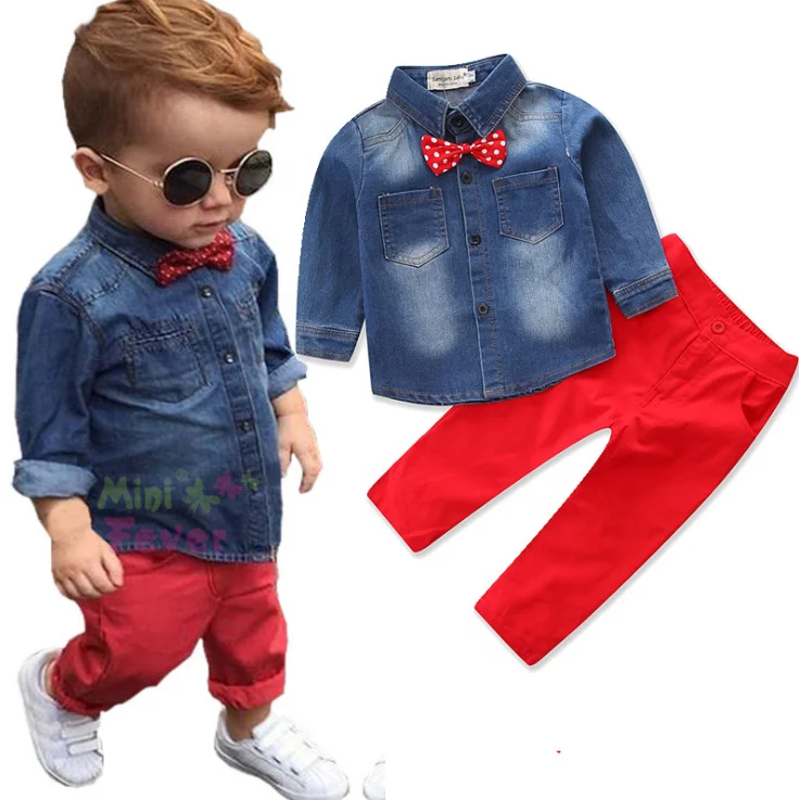 Костюм для мальчиков на весну и осень, модный джинсовый пиджак с галстуком-бабочкой, ковбойский костюм из трех предметов с длинными рукавами