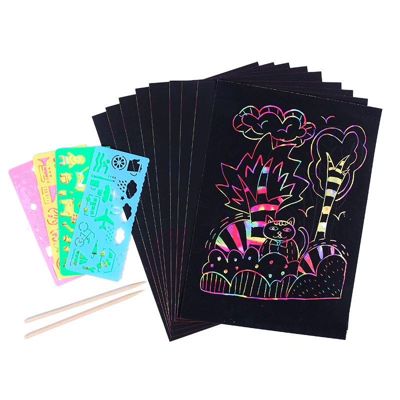 Art drawing coloring manga book rainbow magic scratch paper kids Handmade Scratch book with stencil and sticker