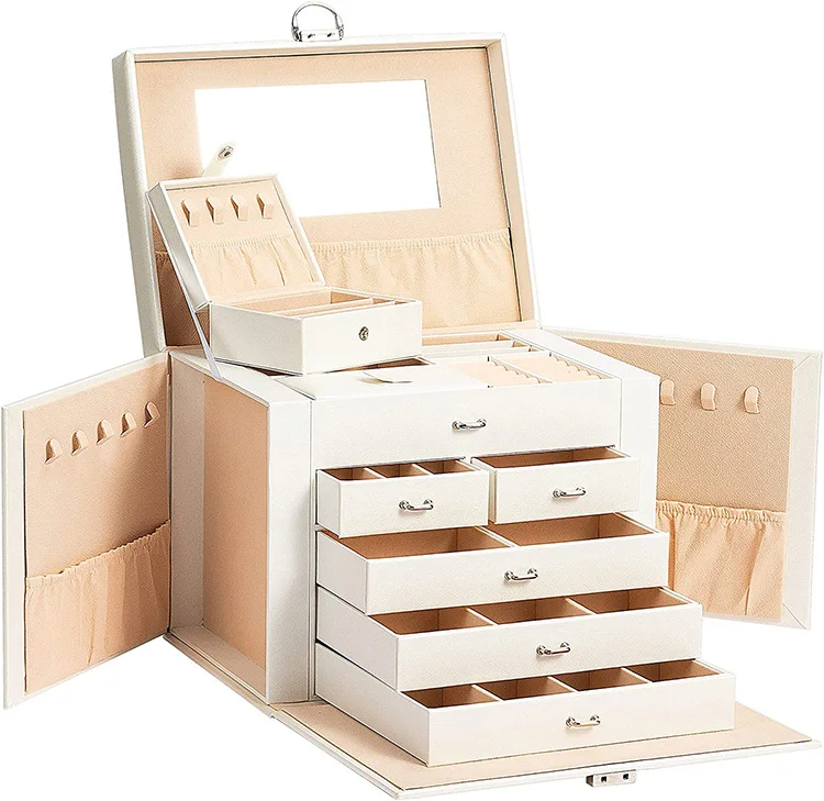 large white jewelry case whit mirrored 5 drawers,for rings, earrings, necklaces and bracelets elegant and classic (1600356466012)
