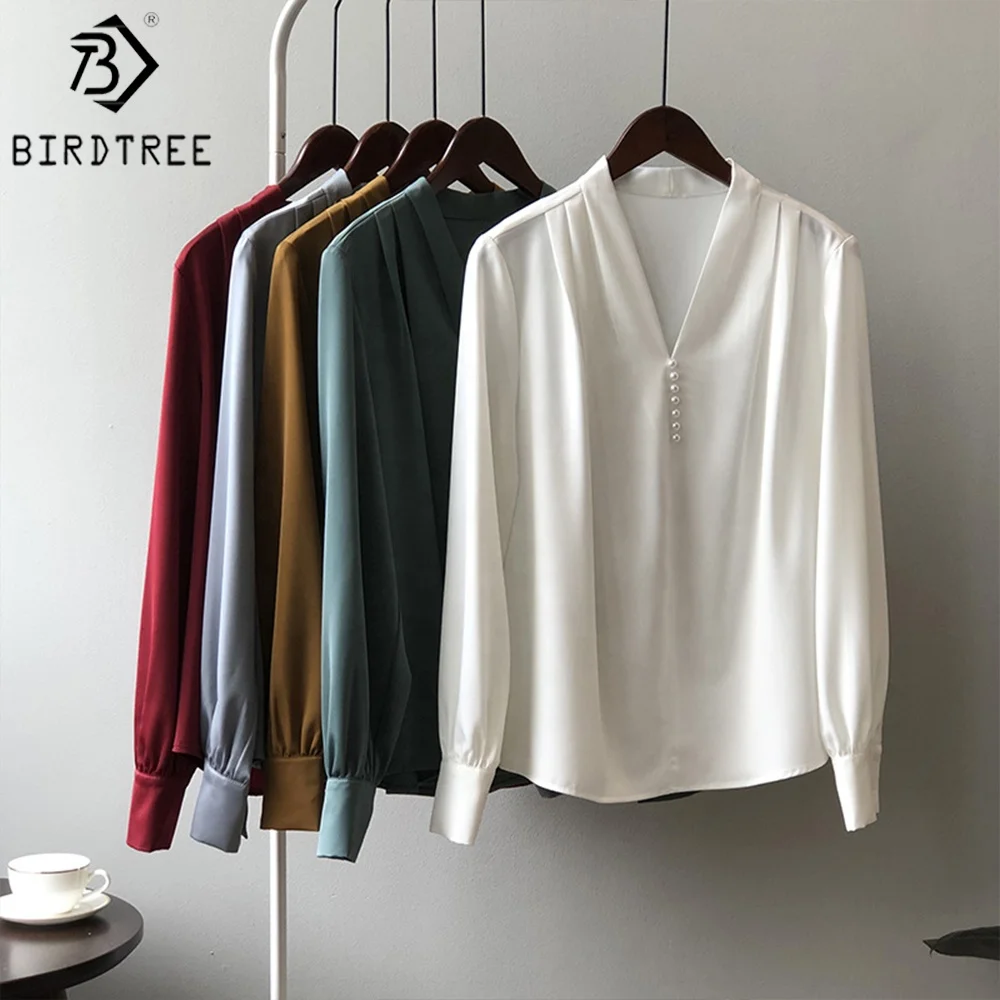 Women Autumn Satin Long Shirts Long Sleeves V Necks Beaded Elegant Loose Female Clothes Blouses Casual Winter Basic Tops