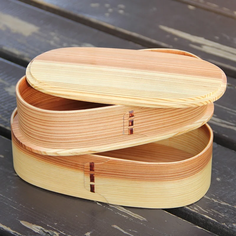 Double Japanese Bento Lunch Box for Kids Split Lunch Boxes Wooden Sushi Boxes Picture Rectangle Sustainable Kitchen Food Storage