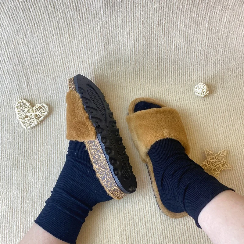 2024 Luxury Designer Custom Logo Full Fur Slides Women Winter Warm Flat Mule Clogs Slippers Soft Cork Sandals