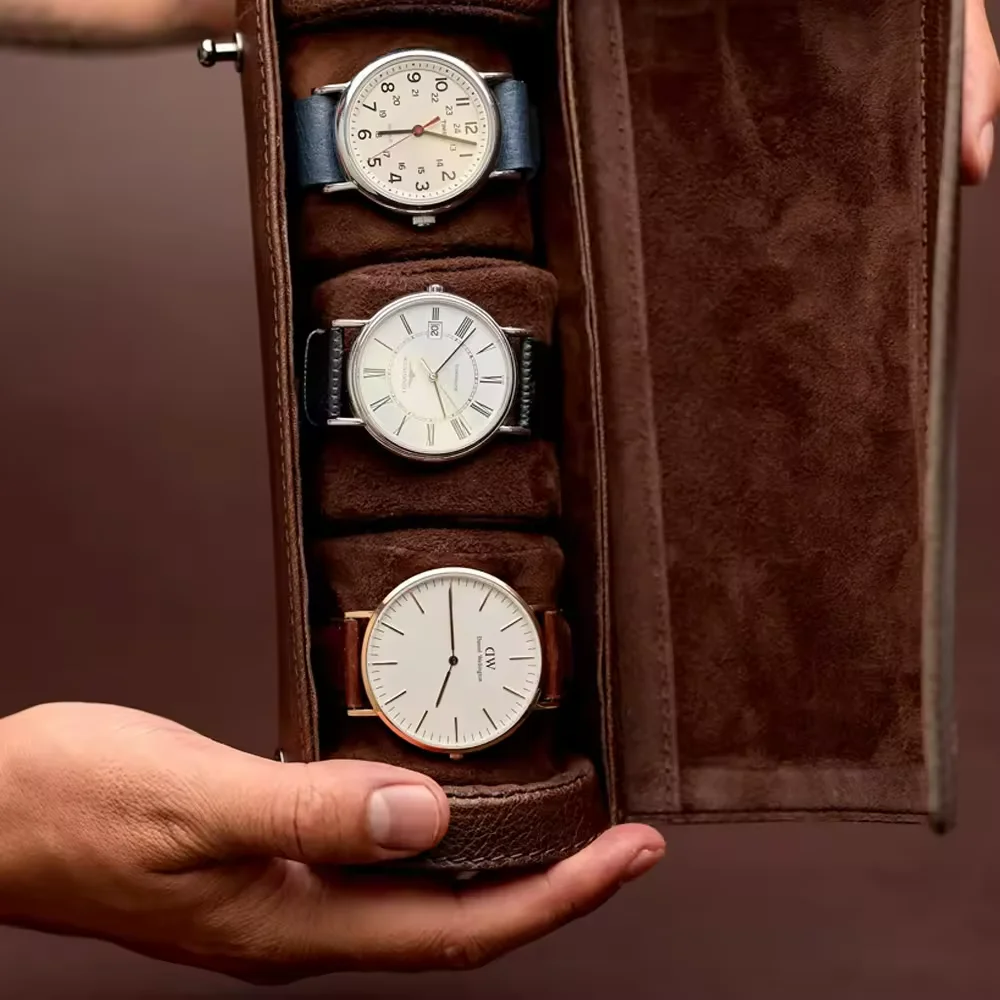 Langqin Minimalist Design 3 slot leather watch roll fine workmanship watch boxes cases luxury Storage PU leather watch case
