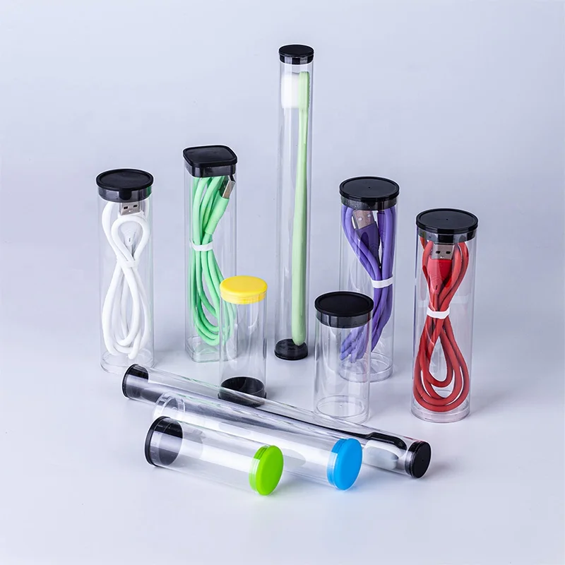 Best selling transparent plastic cylinder packaging tube container for USB cable