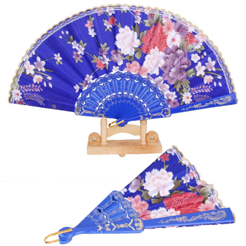 [I AM YOUR FANS]Wedding Hollow Out Folding Plastic Fan Silk Fabric Dancing Fans