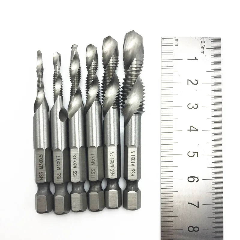 6pcs  Hex shank metric tap drill combinate screw thread tap taper drill bit set tool