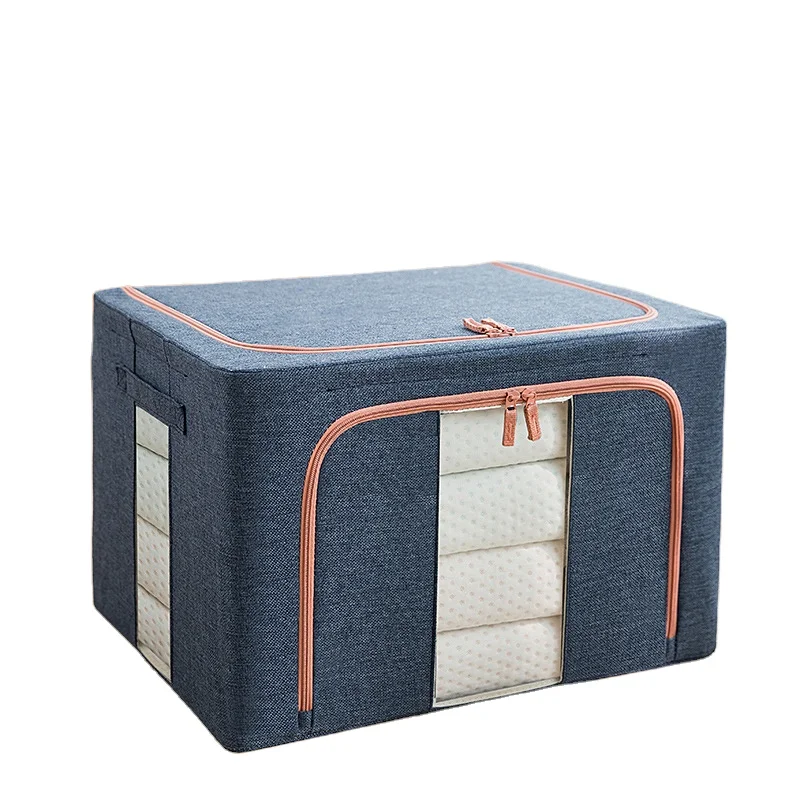 Large Capacity 66L Collapsible Linen Type Cloth Clothes Storage Cabinet Clear Window Fabric Covered Storage Boxes
