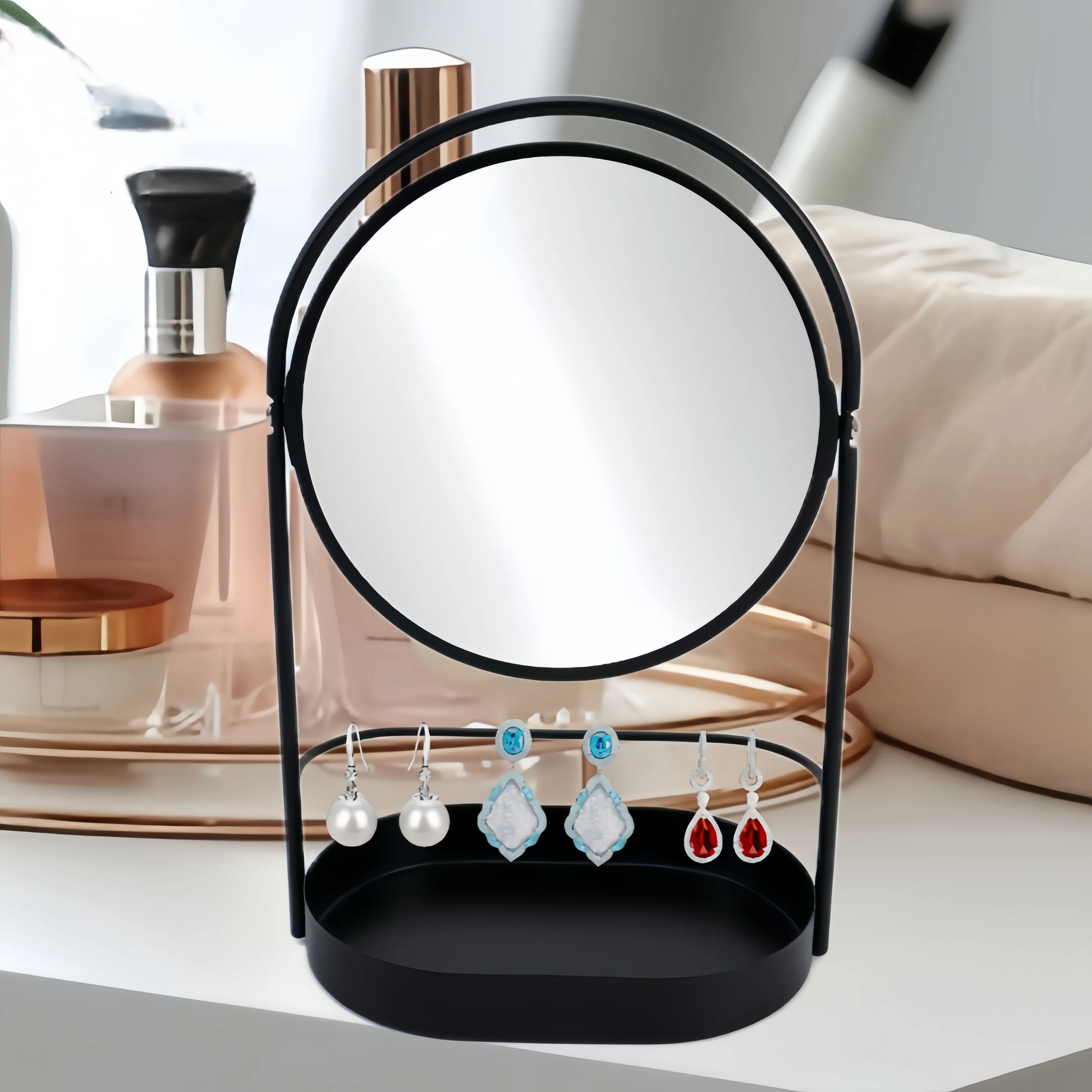 Round Vanity Black Mirror with Jewelry Holder and Storage Base Makeup Mirror Great Gifts for Mother and Wife