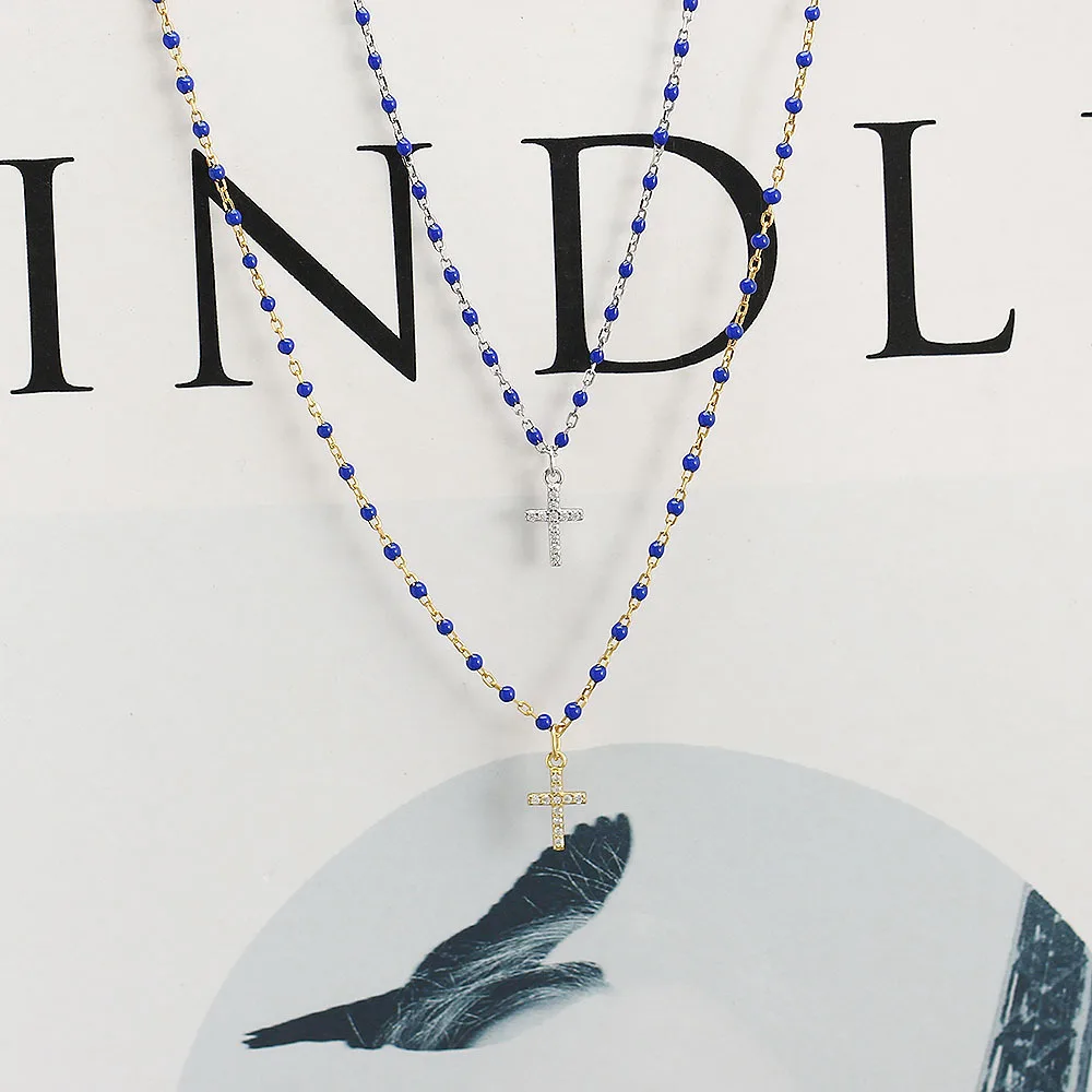 zirconia inlaid corss pendant with Enamel chain necklace Fashion light luxury S925 sterling silver jewelry for women wholesale