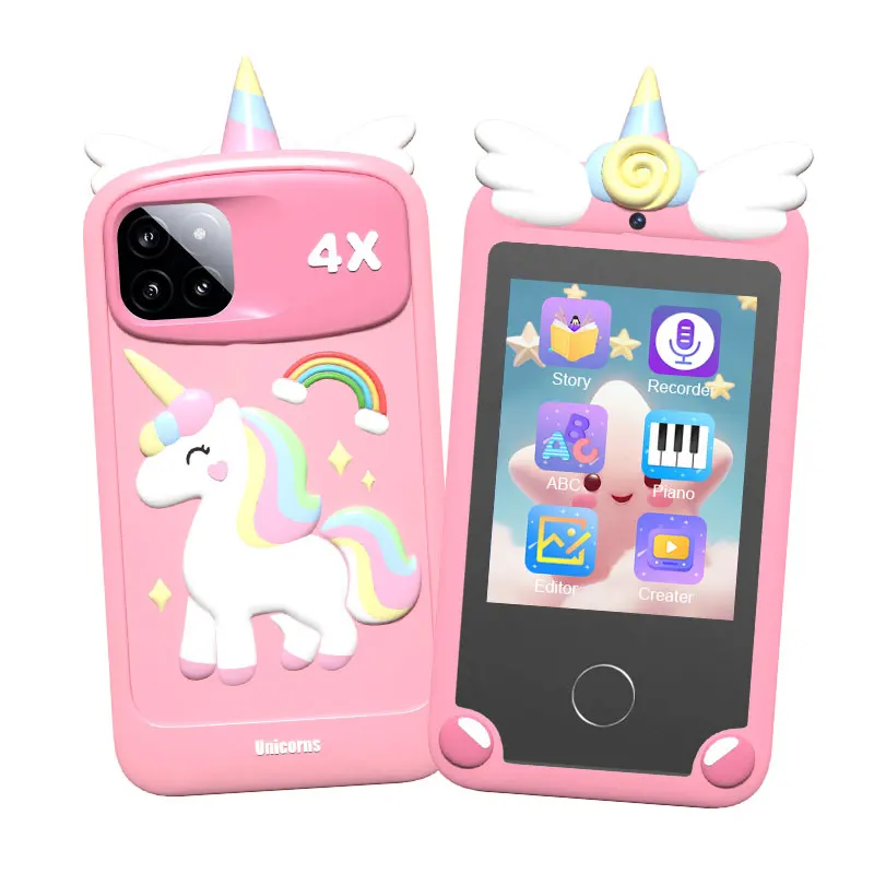 Cartoon unicorn dinosaur silicone case dual camera photo video MP3 games story cell phone baby smart kids phone toy for children