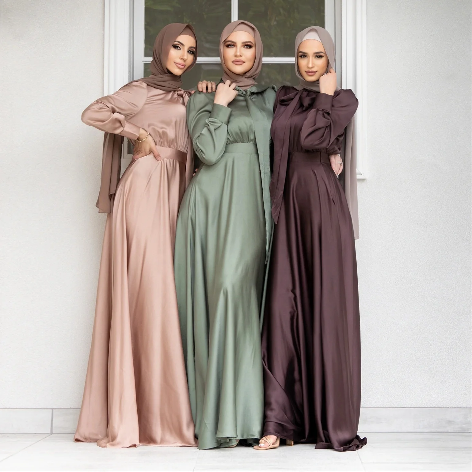 Fashion middle newest eid with belt slim fit ruffles chiffon abaya robe women muslim bahrain kaftan prayer plisse maxi dress