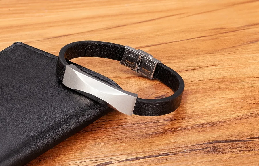 High Quality New Fashion Simple Style Geometry Stainless Steel Magnet Clasp Real Genuine Leather Bracelet For Men 2231