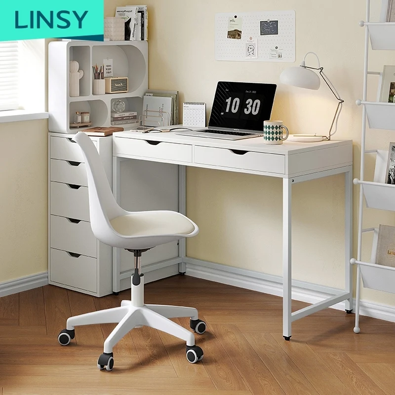 LINSY Computer desk with 2 drawer study table desk computer white writing desk