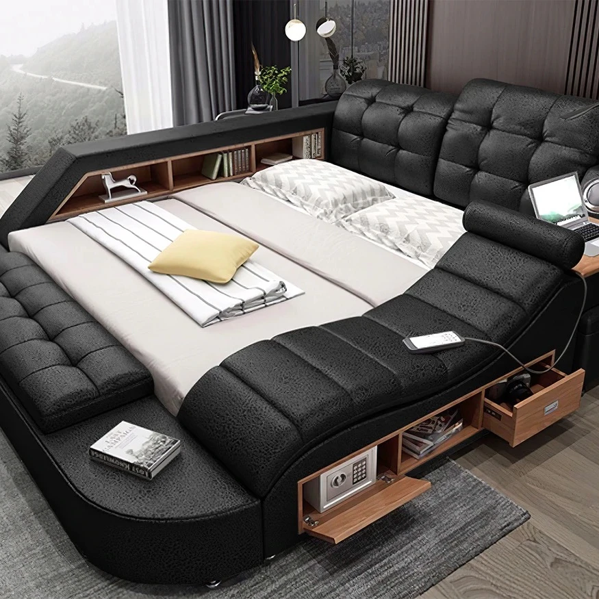 Customizable multifunction storage bed with massage music design of leather bed solid wood frame tatami factory wholesale
