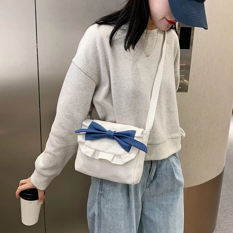 Оптовая продажа, белая Холщовая Сумка-Кроссбоди с бантом и логотипом на заказ, с ремешком, для женщин