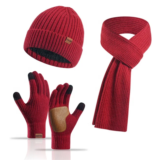 Top Quality Winter Warm Knit Beanie Hat Touchscreen Nonslip Gloves Long Neck Scarf Set with Fleece Lined Skull Cap for Women Men