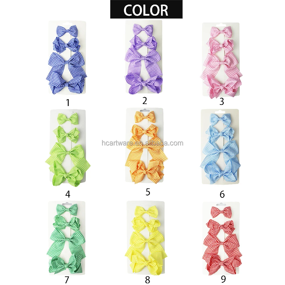 HCArtware Amazon Hot Sale Plaid Pattern Sweet Hair Bow Pastoral Style 4 Piece Suit Girls Hair Clips Country Style Kids Hair Bow