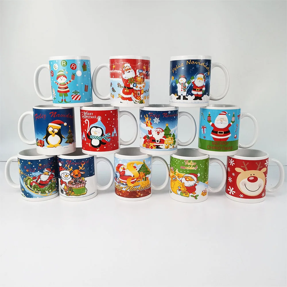 Wholesale 11oz Colorful Christmas Gift Mug White Decal Present Cups Ceramic Coffee Cup Milk Mug For Kids