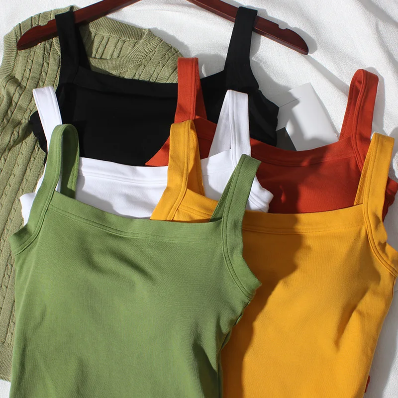 Slim strap integrated bra with thin top, inner layer with chest pad, square collar, outer wearing vest